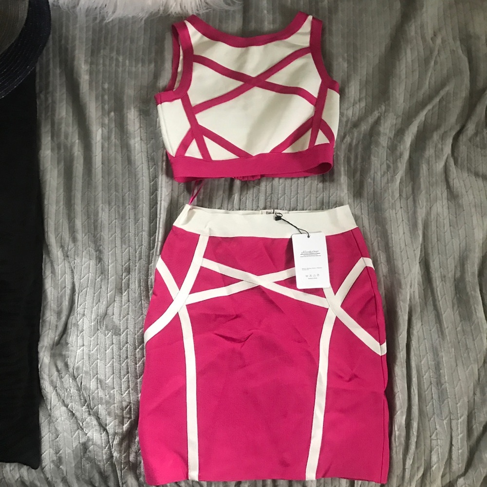 Pink and white bandage crop top & skirt set